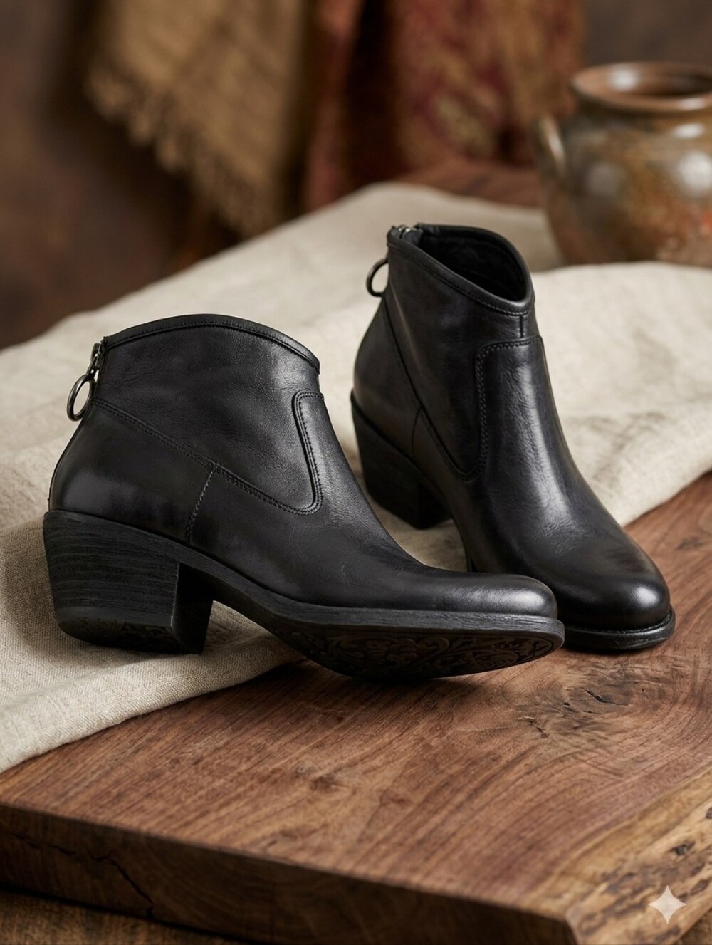 Black Leather Women's Ankle Boot with Low Block Heel
